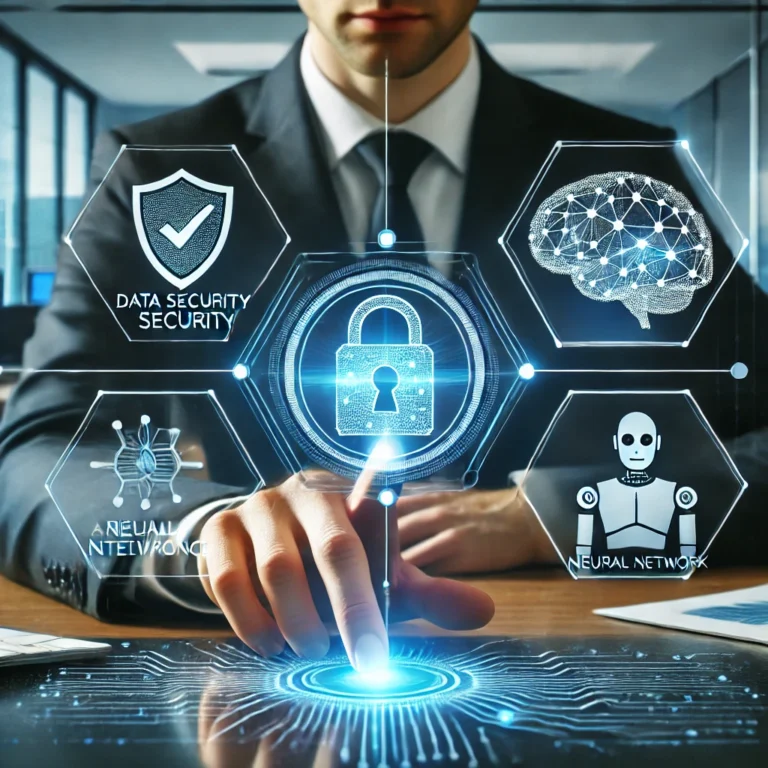 Hier ist das Bild, das dein Thema perfekt visualisiert: ein moderner, futuristischer Arbeitsplatz mit einem Geschäftsmann, der eine holografische Schnittstelle für Datenschutz und künstliche Intelligenz nutzt. Es verbindet High-Tech-Elemente mit einem professionellen, sicheren Look – genau passend zum Text!
